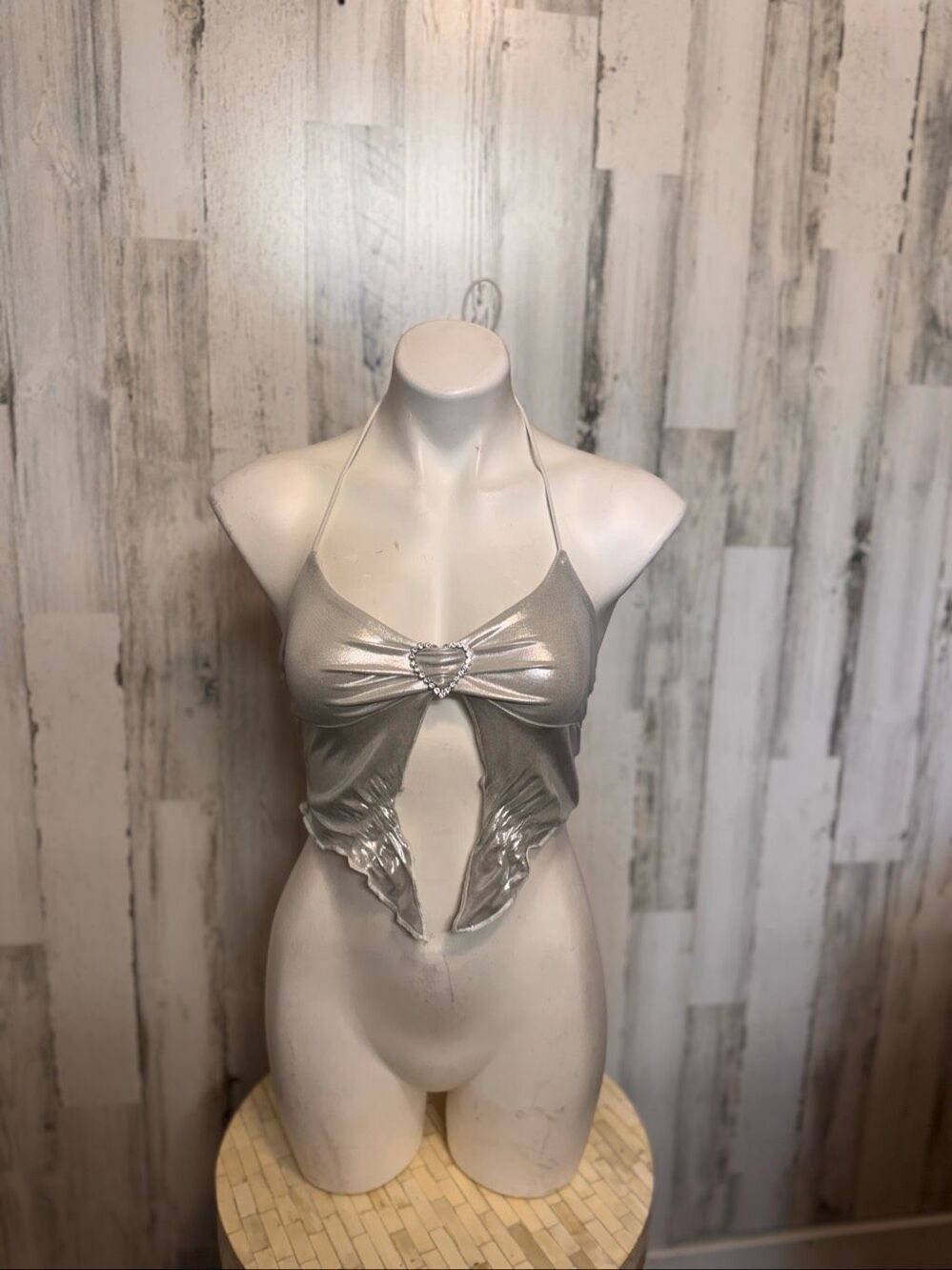 Metallic Shimmer Silver Rhinestone Heart Cutout Handkerchief Halter Crop Top S